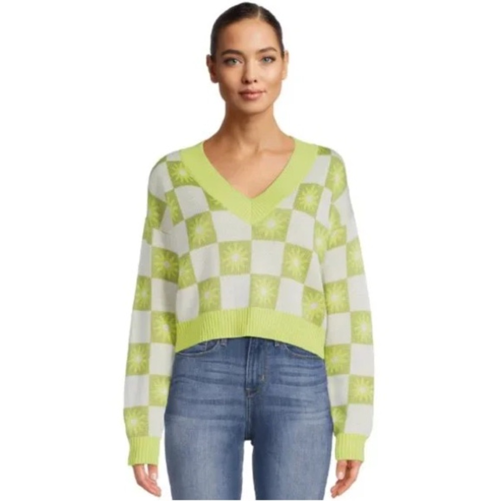 Madden NYC Chartreuse neon floral cropped sweater